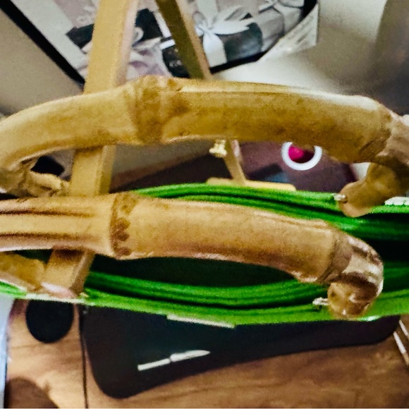 Kate Spade Green and White Floral Tote w rhinestones & Bamboo Handles - EUC Rare - Picture 6 of 16